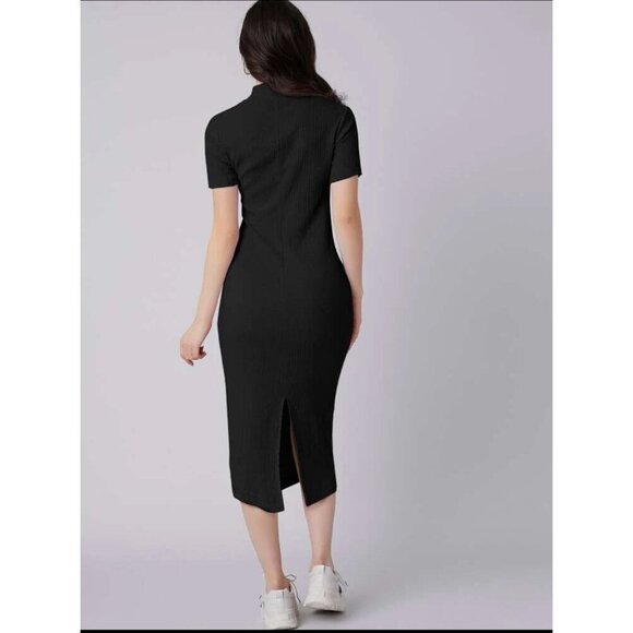 fitted midi dress crewneck short sleeve black - Picture 2 of 2